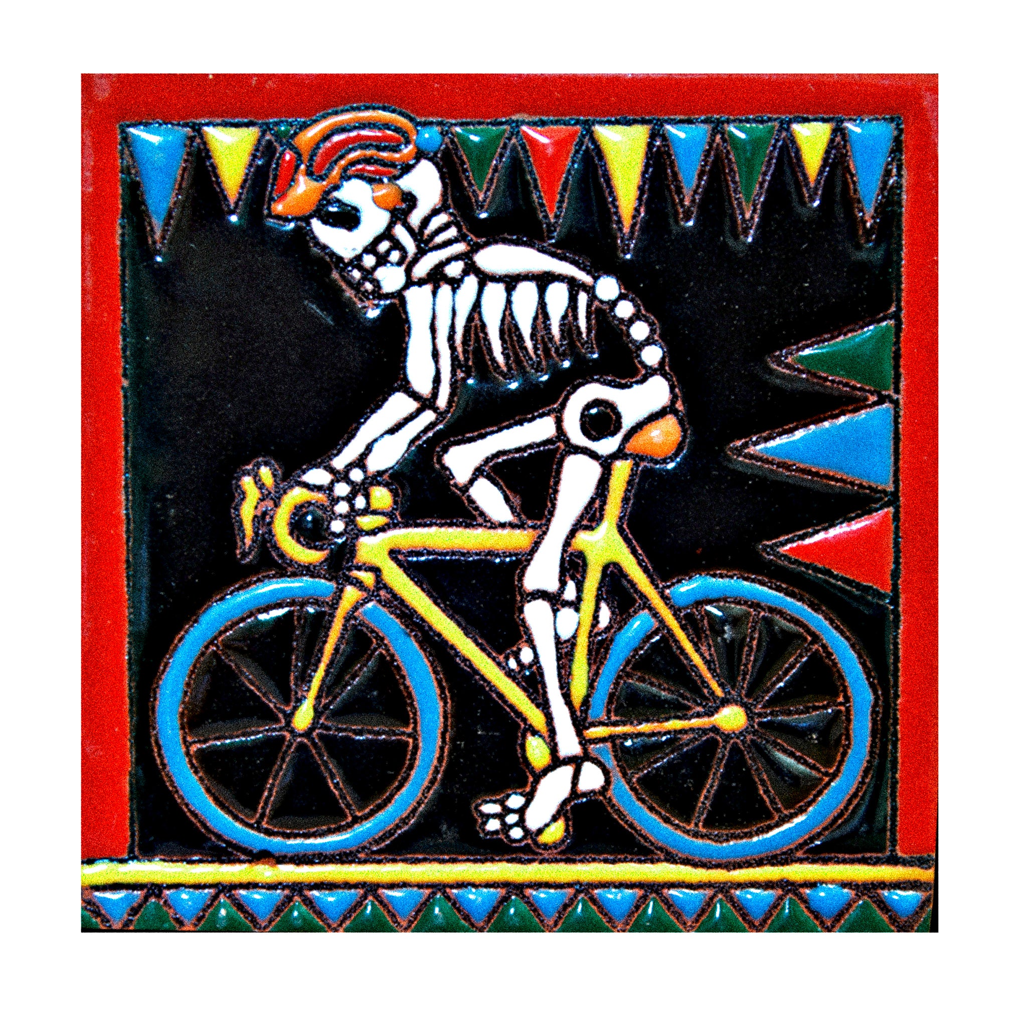 Mexikanische Kachel: Calavera-Skelett auf Rennrad (bunt) – Vandeley Berlin