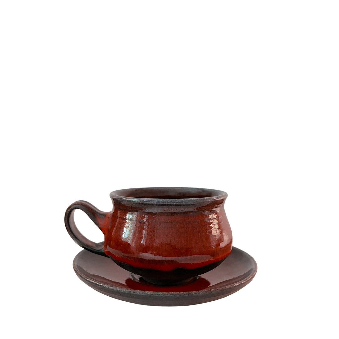 4er-Set Keramiktassen mit Untertasse – Braunrot
