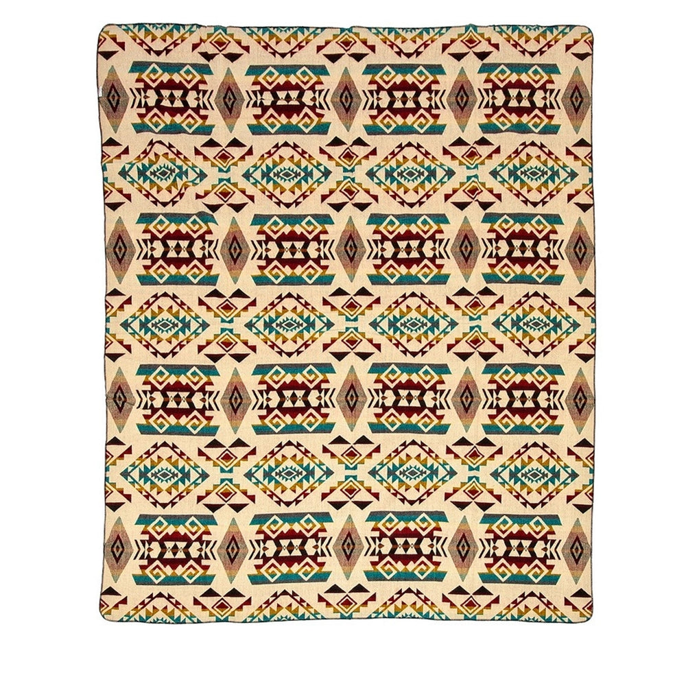 Ganze Ansicht der Rückseite der Alpaka-Decke 'Chimborazo Mehrfarbig', mit durchgehendem geometrischem Muster auf beigem Hintergrund.