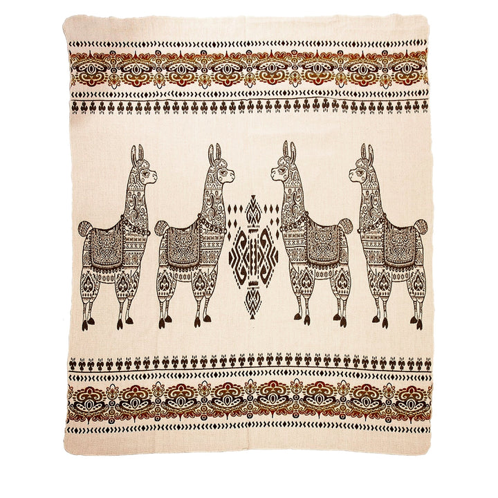 Alpaka-Decke mit einem hellbeigen Hintergrund. Im Zentrum sind vier stilisierte Lamas mit detaillierten Mustern in Braun dargestellt, eingerahmt von dekorativen Bordüren am oberen und unteren Rand in Braun, Beige und Rottönen