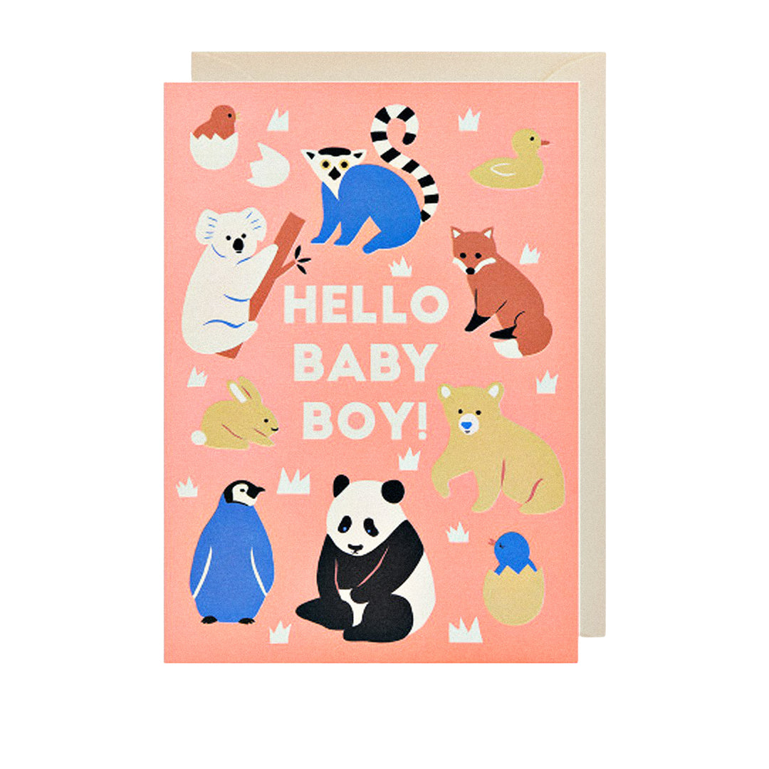 Verspielte Babykarte mit „Hello Baby Boy“-Schriftzug und Tiermotiven auf zartem Hintergrund.