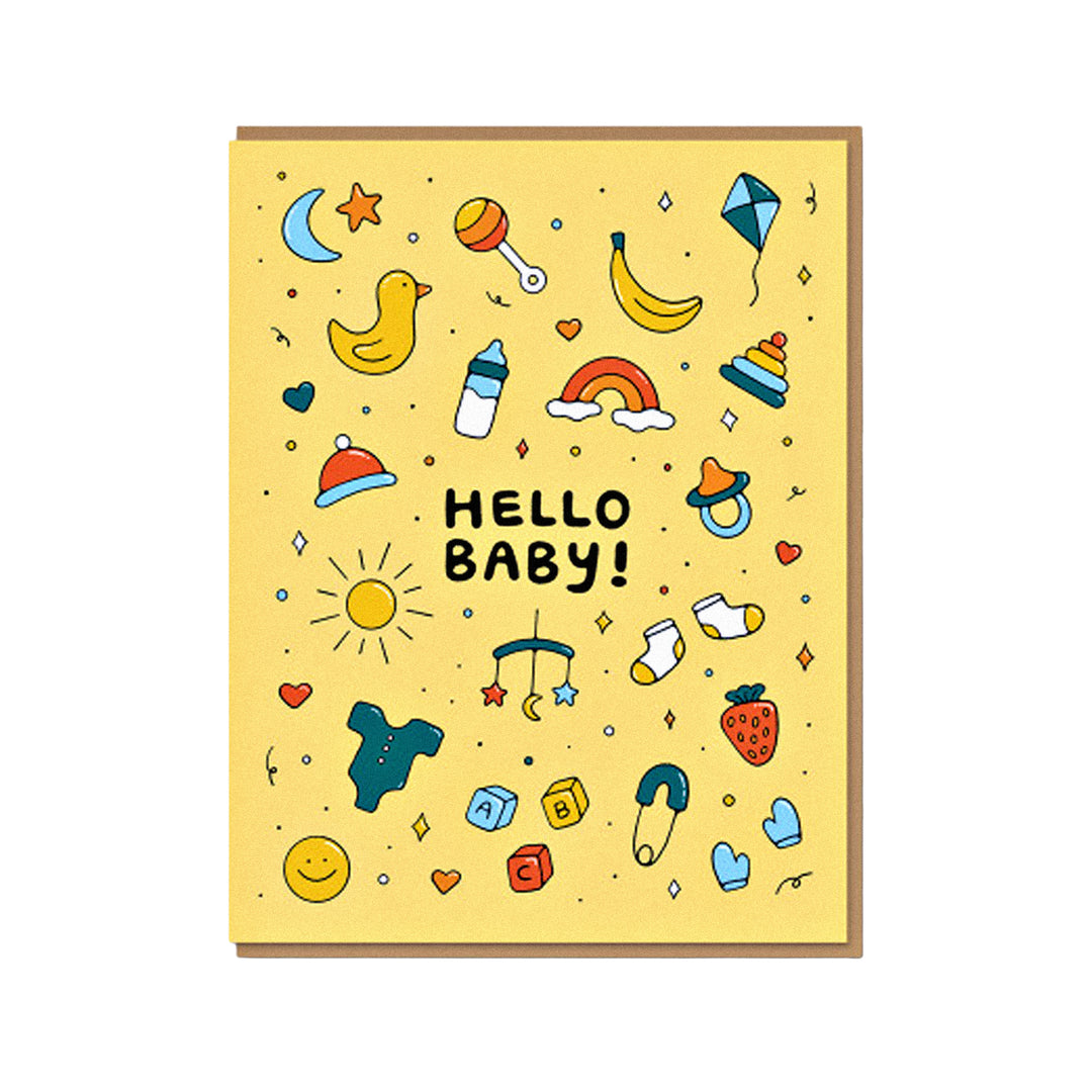 Babykarte mit „Hello Baby“-Schriftzug und gelben Icon-Illustrationen.