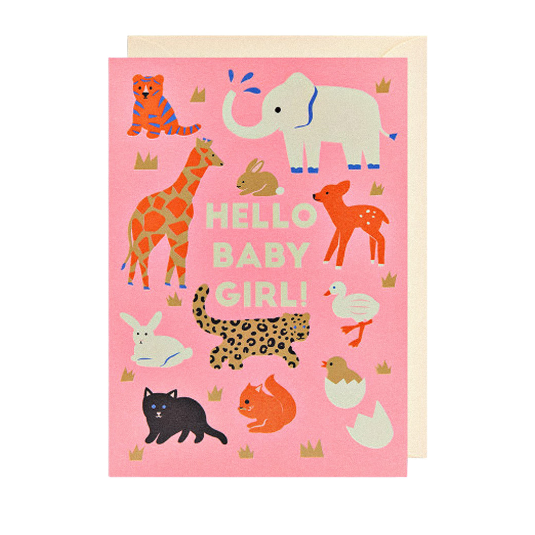 Rosa Babykarte mit „Hello Baby Girl“-Schriftzug und süßen Tiermotiven.
