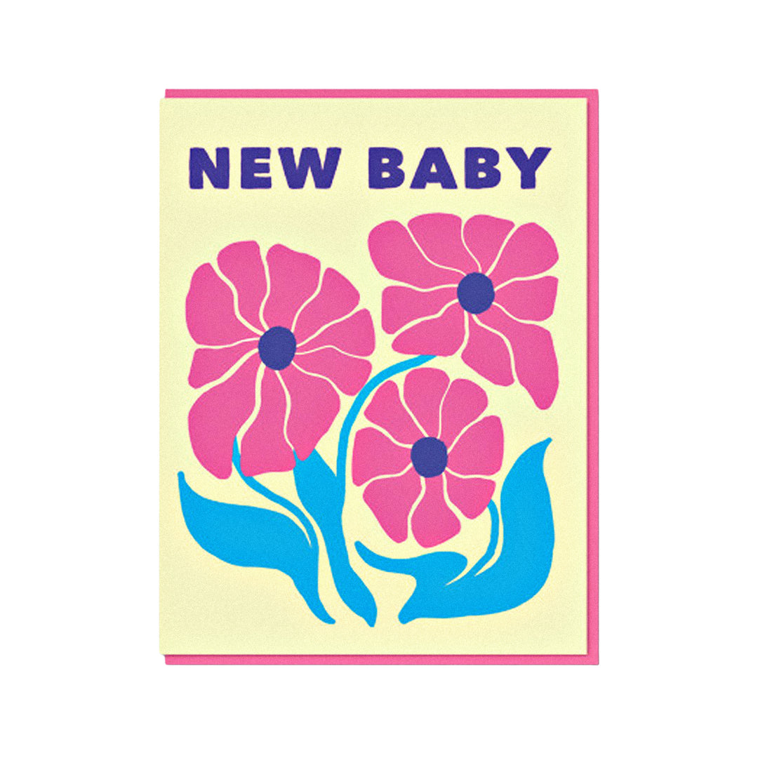 Babykarte mit „New Baby“-Schriftzug und floralen Motiven in Pink und Blau.