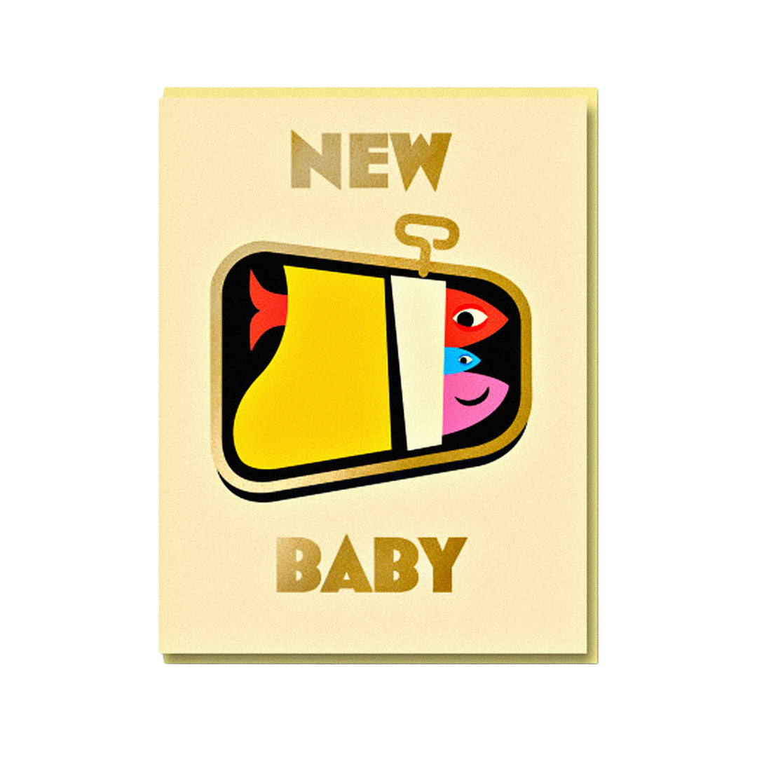 Babykarte mit „New Baby“-Schriftzug in bunter Pop-Art-Illustration.