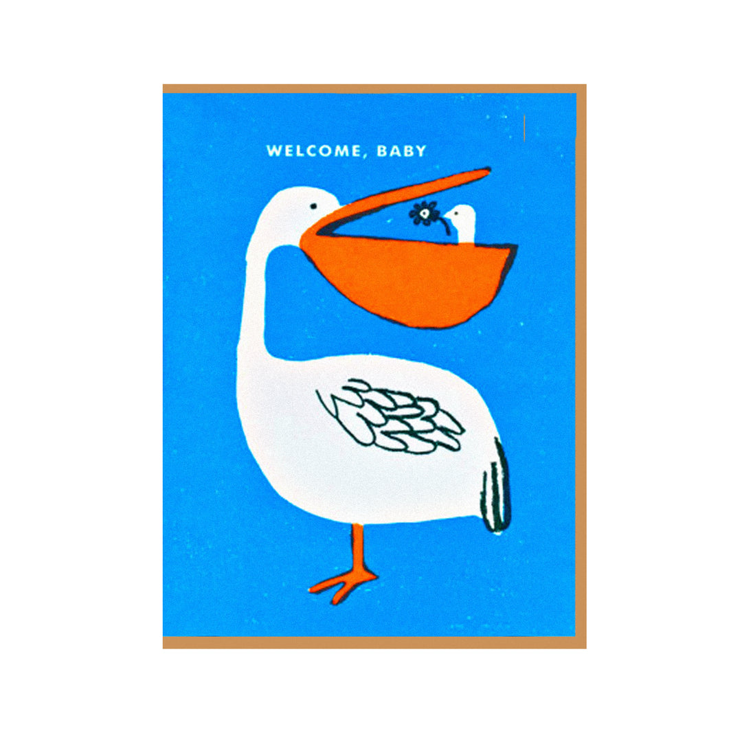 Babykarte mit Storch, „Welcome Baby“-Schriftzug und blauem Hintergrund.