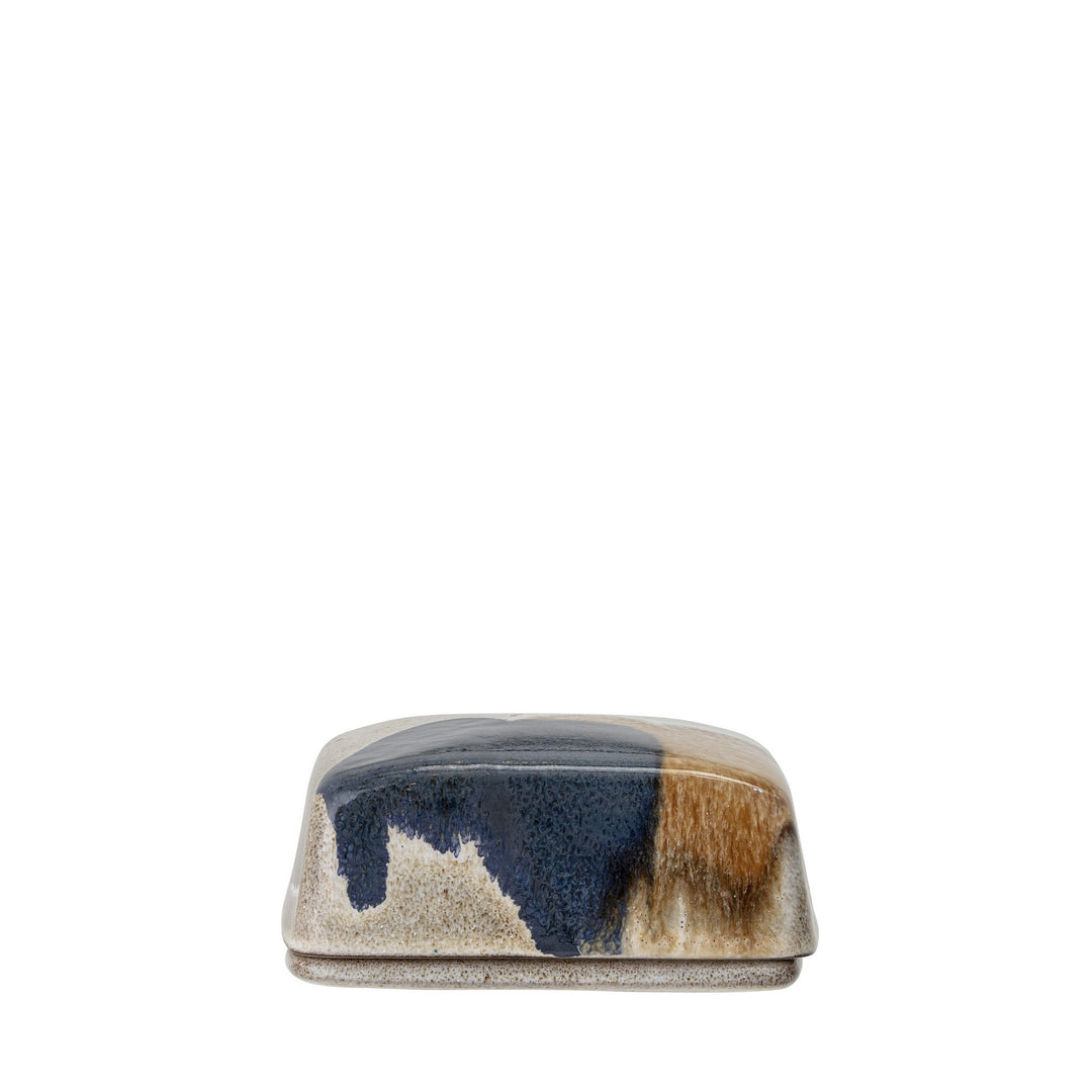 rechteckige Keramik Butterdose mit Deckel und mehrfarbiger reaktiver Glasur in Blau, Braun und Beige