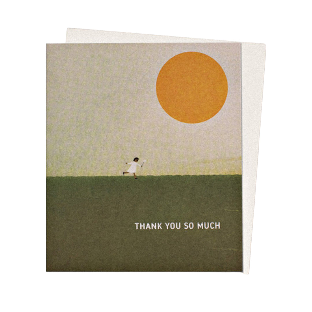 Dankeskarte mit riesiger Sonne und dem Schriftzug „Thank you so much“.