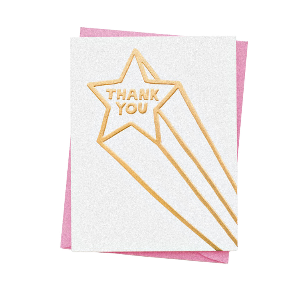 Dankeskarte mit „Thank you“-Schriftzug und Sternschnuppe.