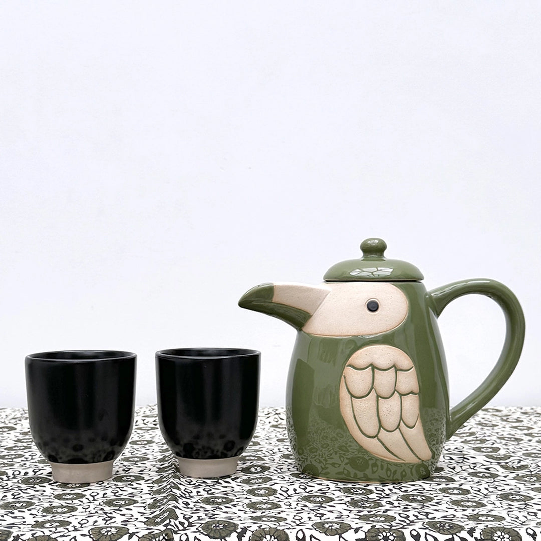 Teekanne mit Vogelmotiv - Grün-Weiß