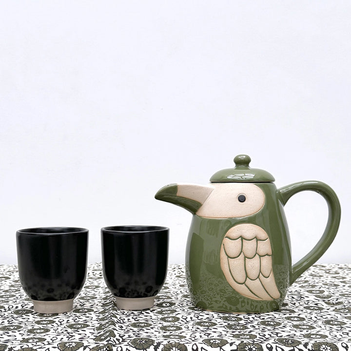 Teekanne mit Vogelmotiv - Grün-Weiß