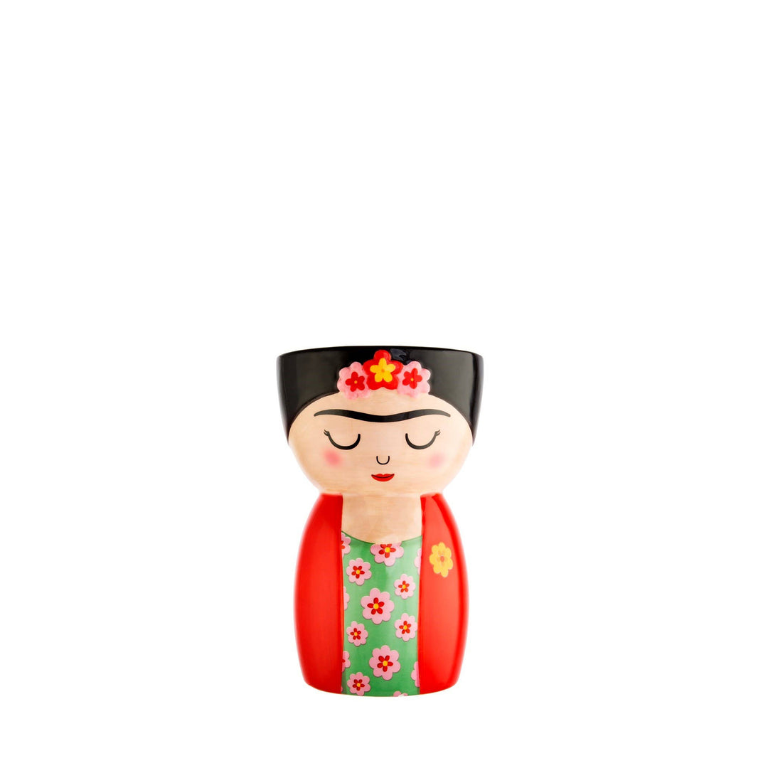 Farbenfroher Figuren-Blumentopf mit Frida Kahlo als Motiv