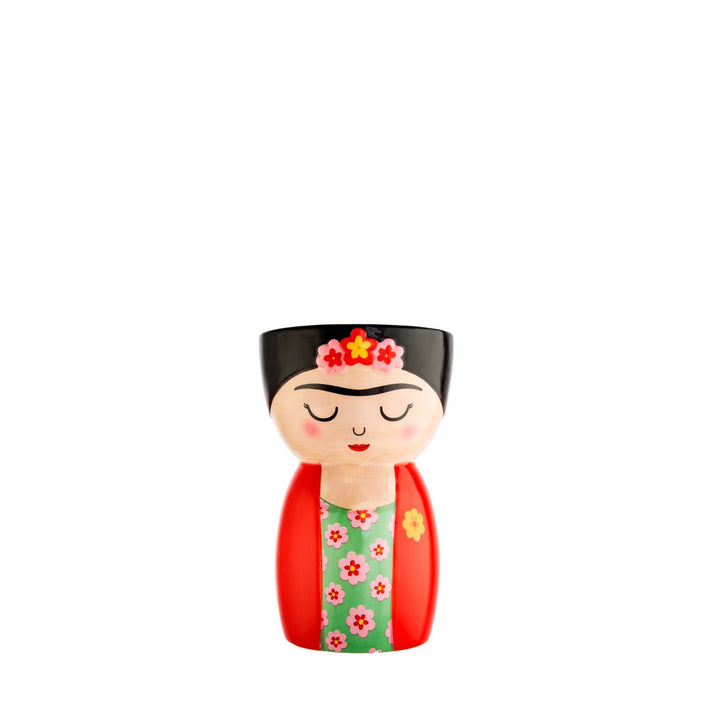 Farbenfroher Figuren-Blumentopf mit Frida Kahlo als Motiv