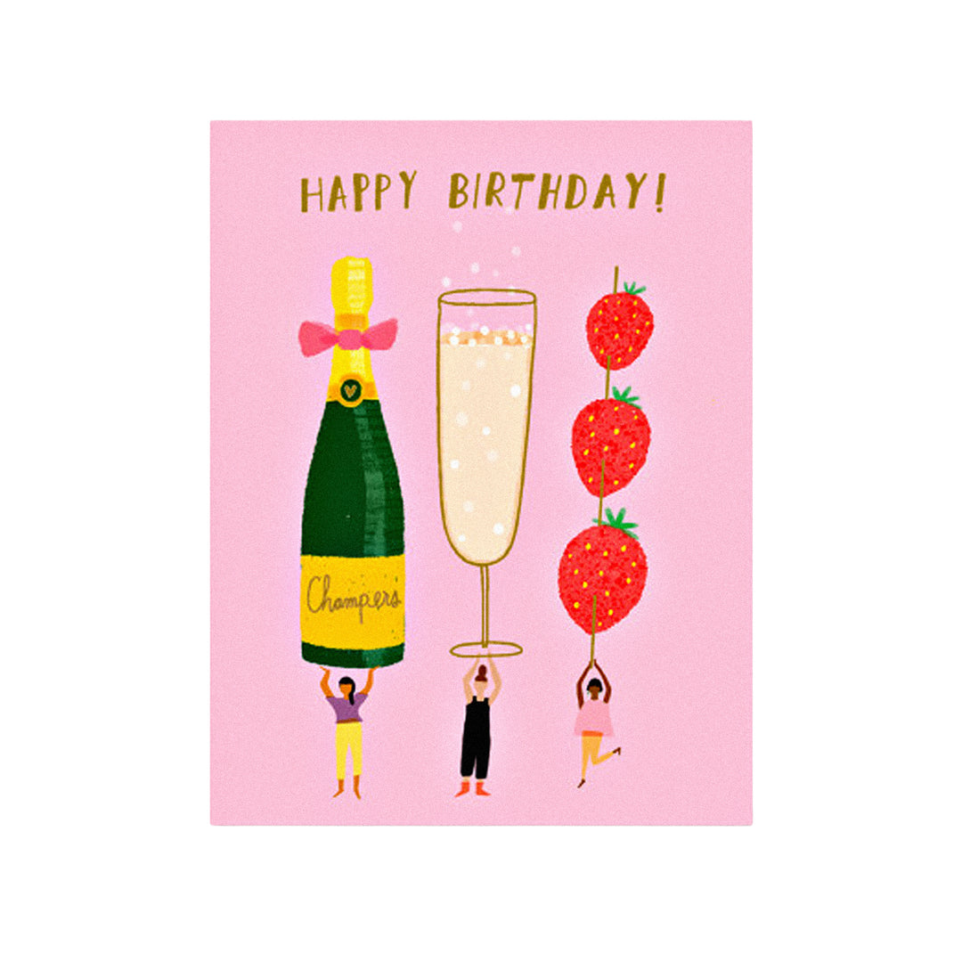 Rosa Geburtstagskarte mit „Happy Birthday“-Schriftzug, Champagnerflasche, Sektglas und drei großen Erdbeeren.
