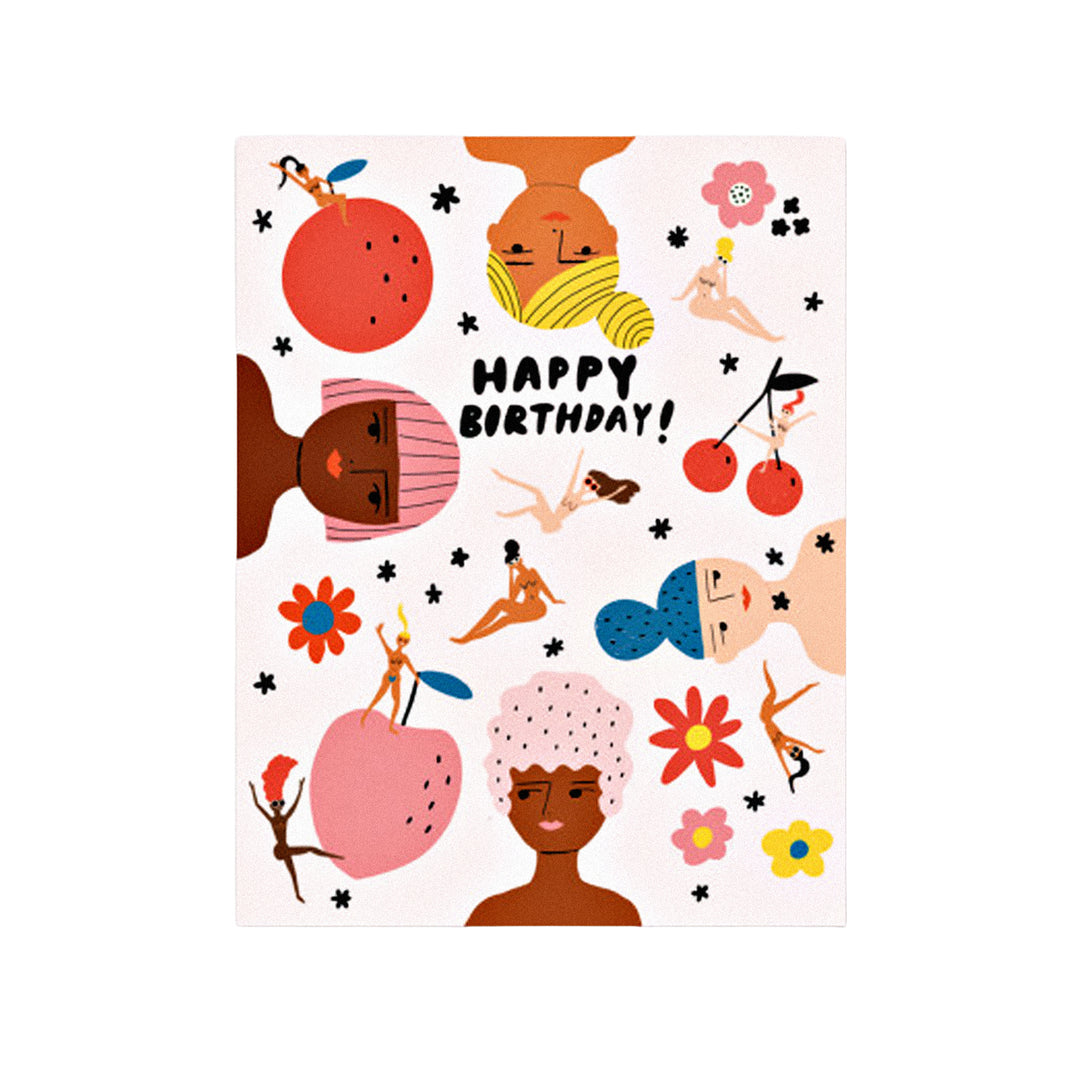 Geburtstagskarte mit „Happy Birthday“-Schriftzug, stilisierten Frauenporträts, Früchten und Blumen in bunten Farben.