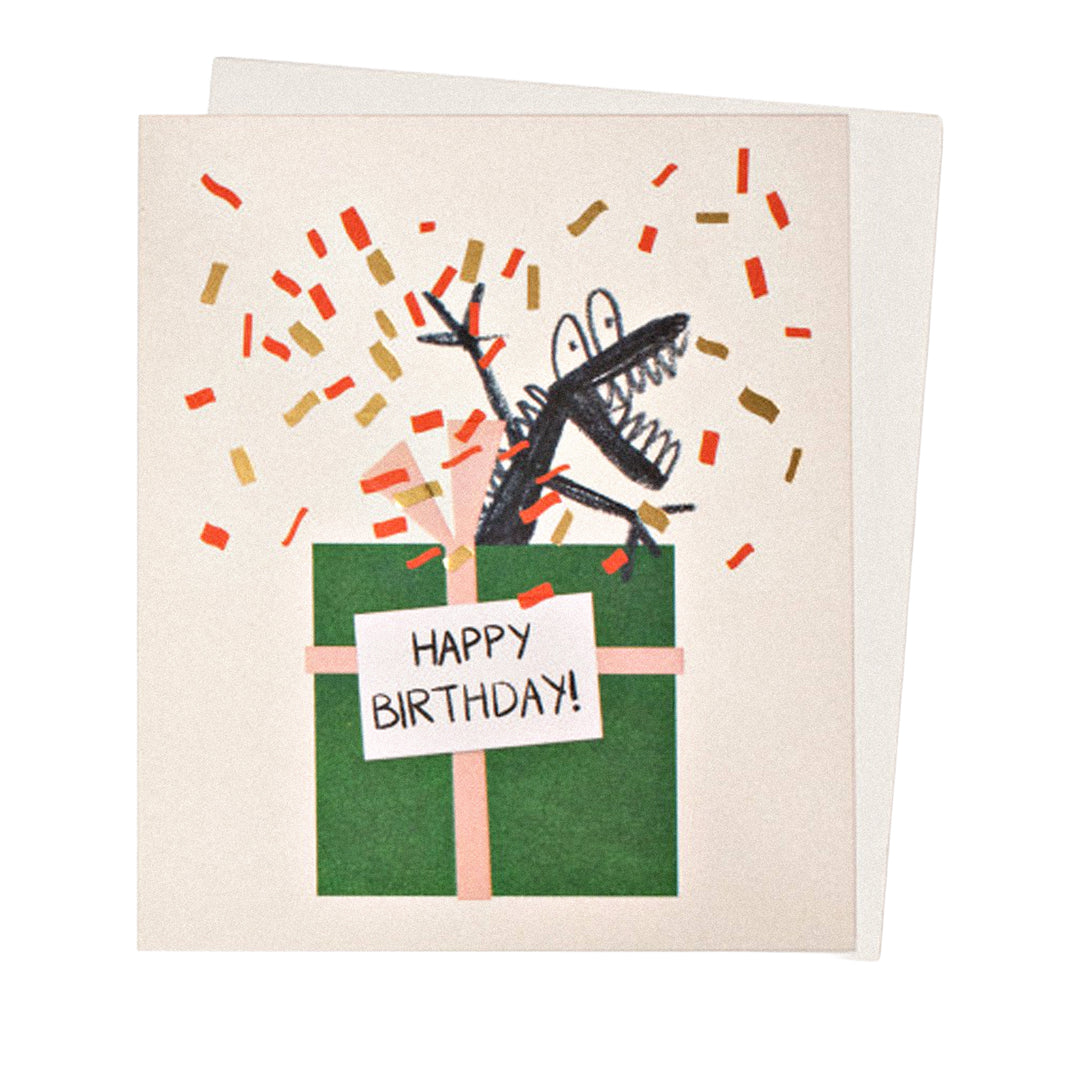 Geburtstagskarte mit Geschenkpaket, Konfetti und „Happy Birthday“-Schriftzug.