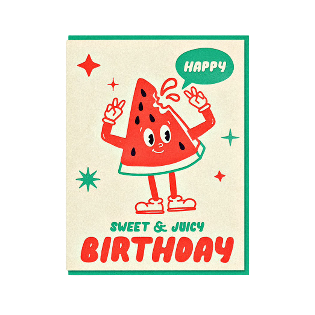 Geburtstagskarte mit fröhlicher Cartoon-Wassermelone, Schriftzug „Happy Sweet &amp; Juicy Birthday“ und Retrodesign in Rot und Grün.