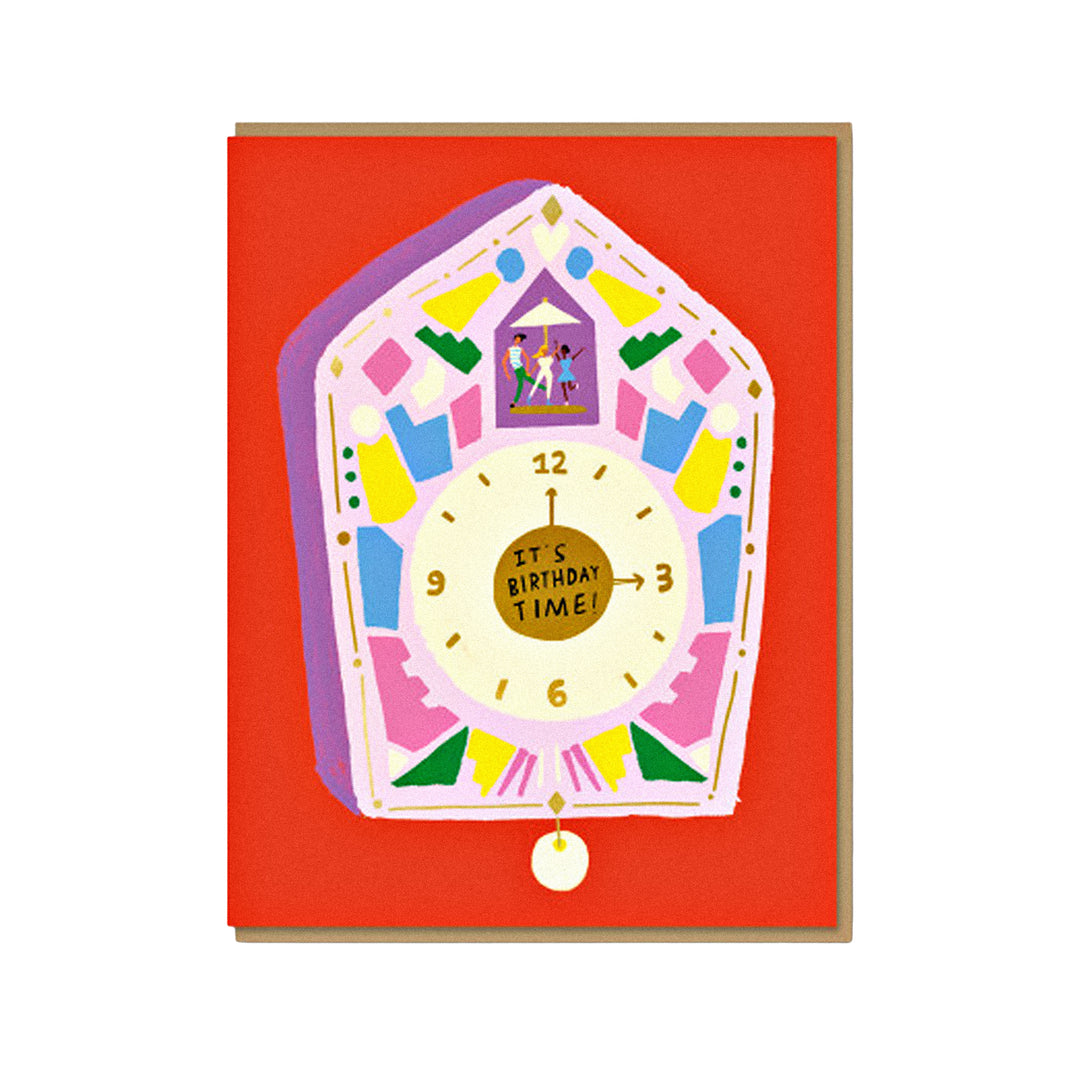 Bunte Geburtstagskarte mit Kuckucksuhr und dem Schriftzug „It’s birthday time“.