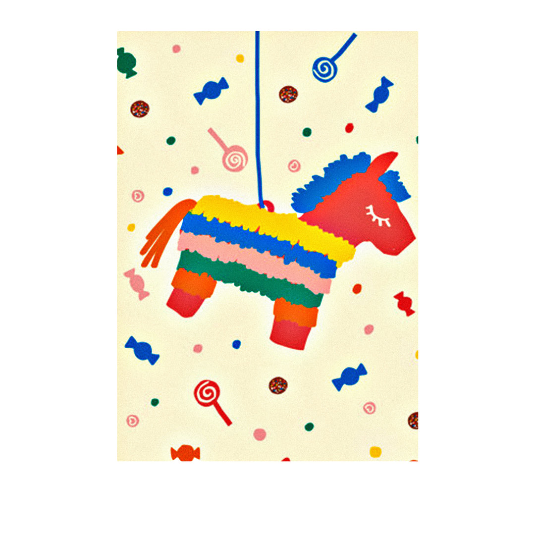 Bunte Geburtstagskarte mit Piñata-Esel, Konfetti und Party-Illustrationen.