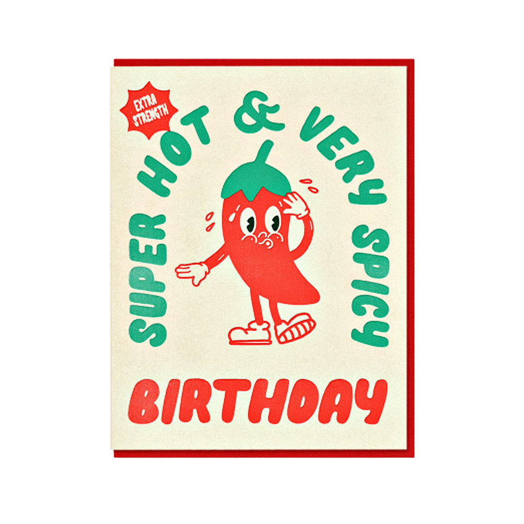 Geburtstagskarte mit animierter Chili-Figur, Schriftzug „Super Hot &amp; Very Spicy Birthday“ und retrofarbenem Design in Rot und Grün.
