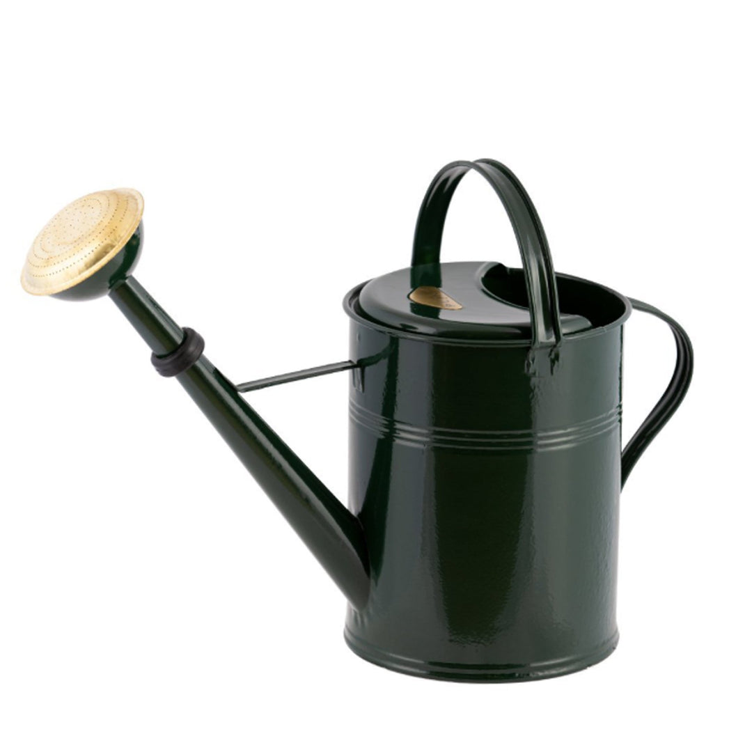 Dunkelgrüne 5 Liter Gießkanne mit goldenem Brausekopf, Gartenmodell.