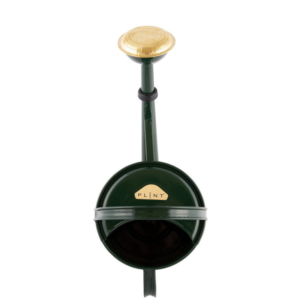 Draufsicht der 5 Liter Gießkanne in Dunkelgrün mit goldenem Brausekopf.