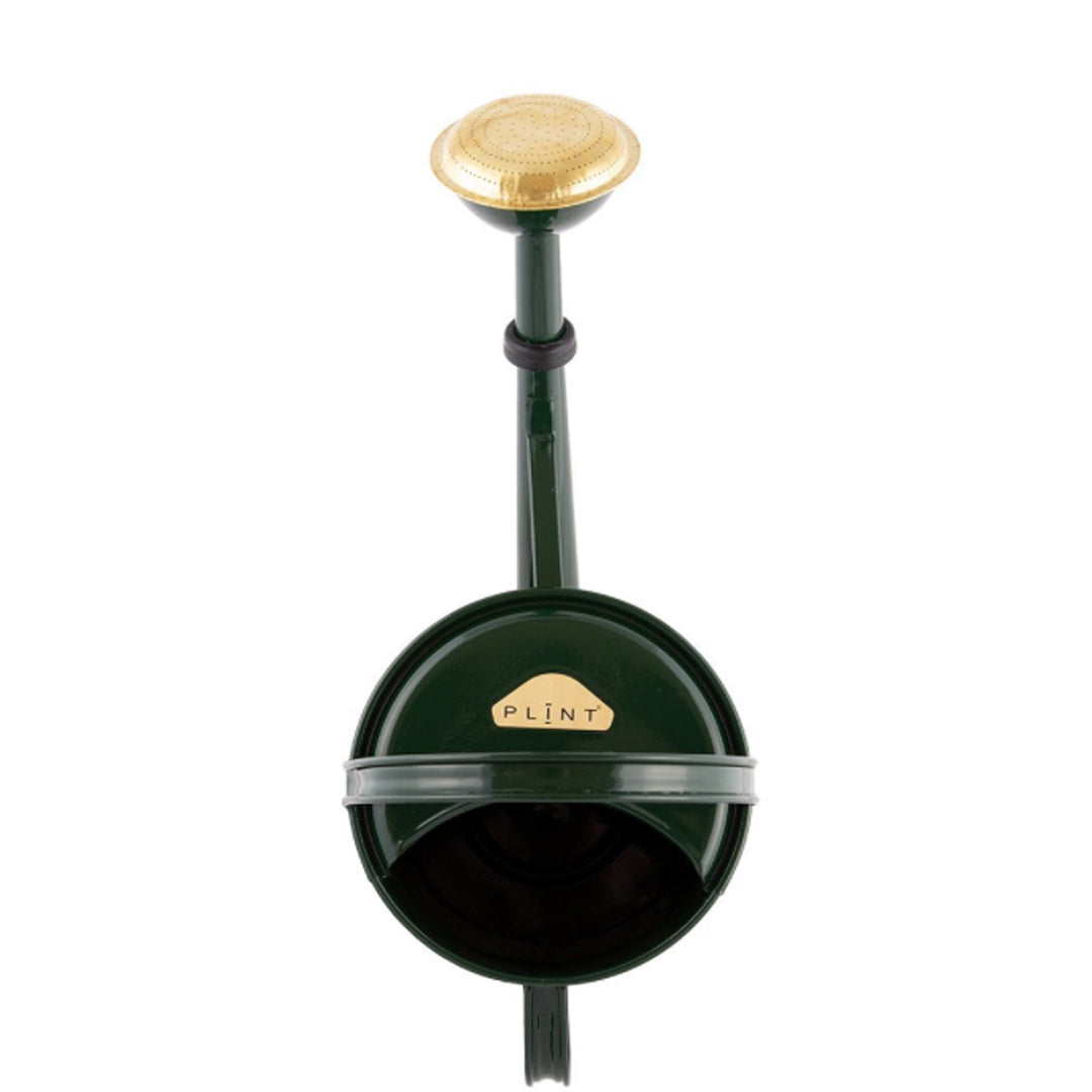 Draufsicht der 5 Liter Gießkanne in Dunkelgrün mit goldenem Brausekopf.