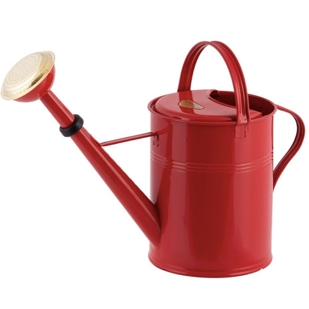 Sehr große rote 9 Liter Gießkanne, Metall, mit goldener Brause.
