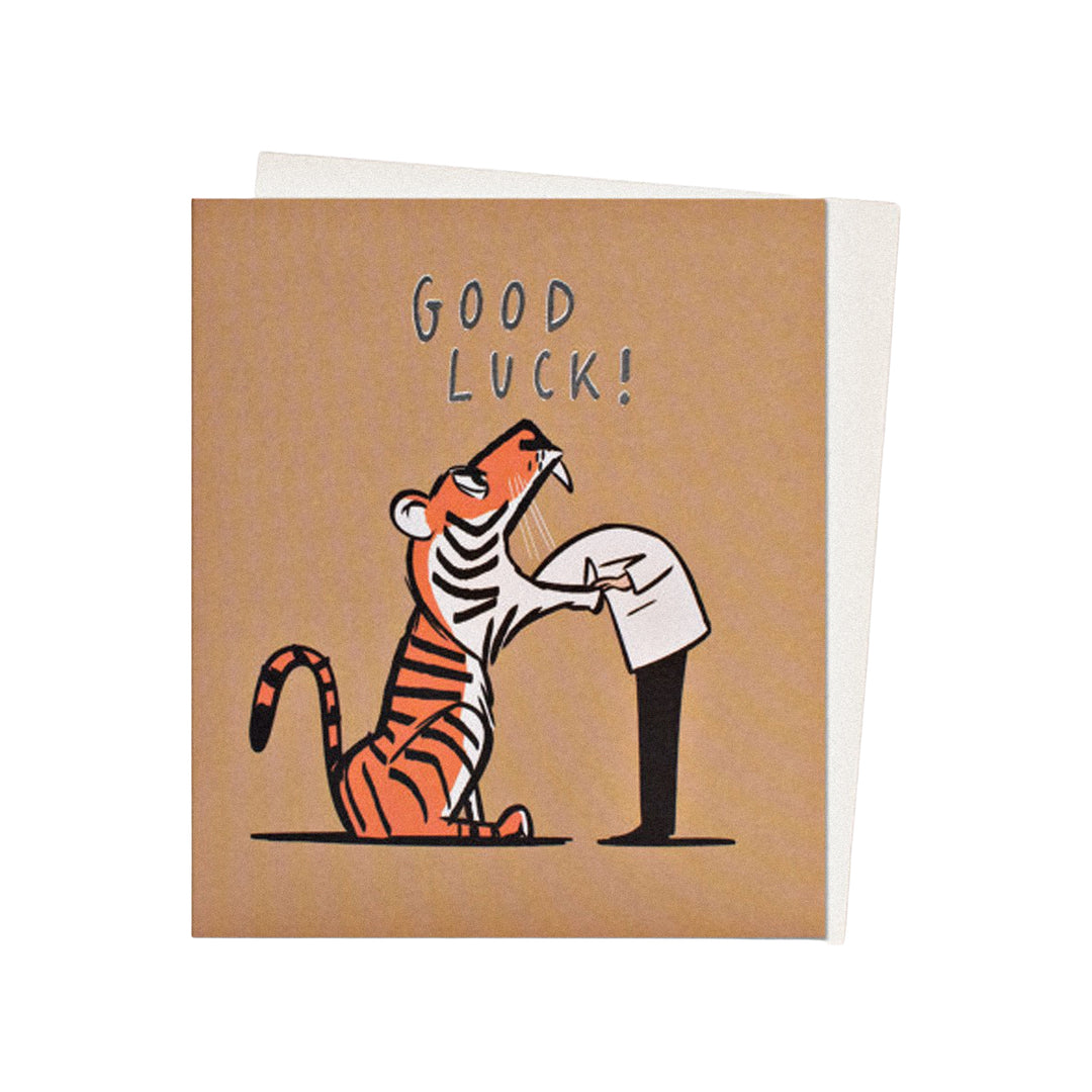 Glückwunschkarte mit „Good Luck“-Schriftzug und Tiger-Illustration.