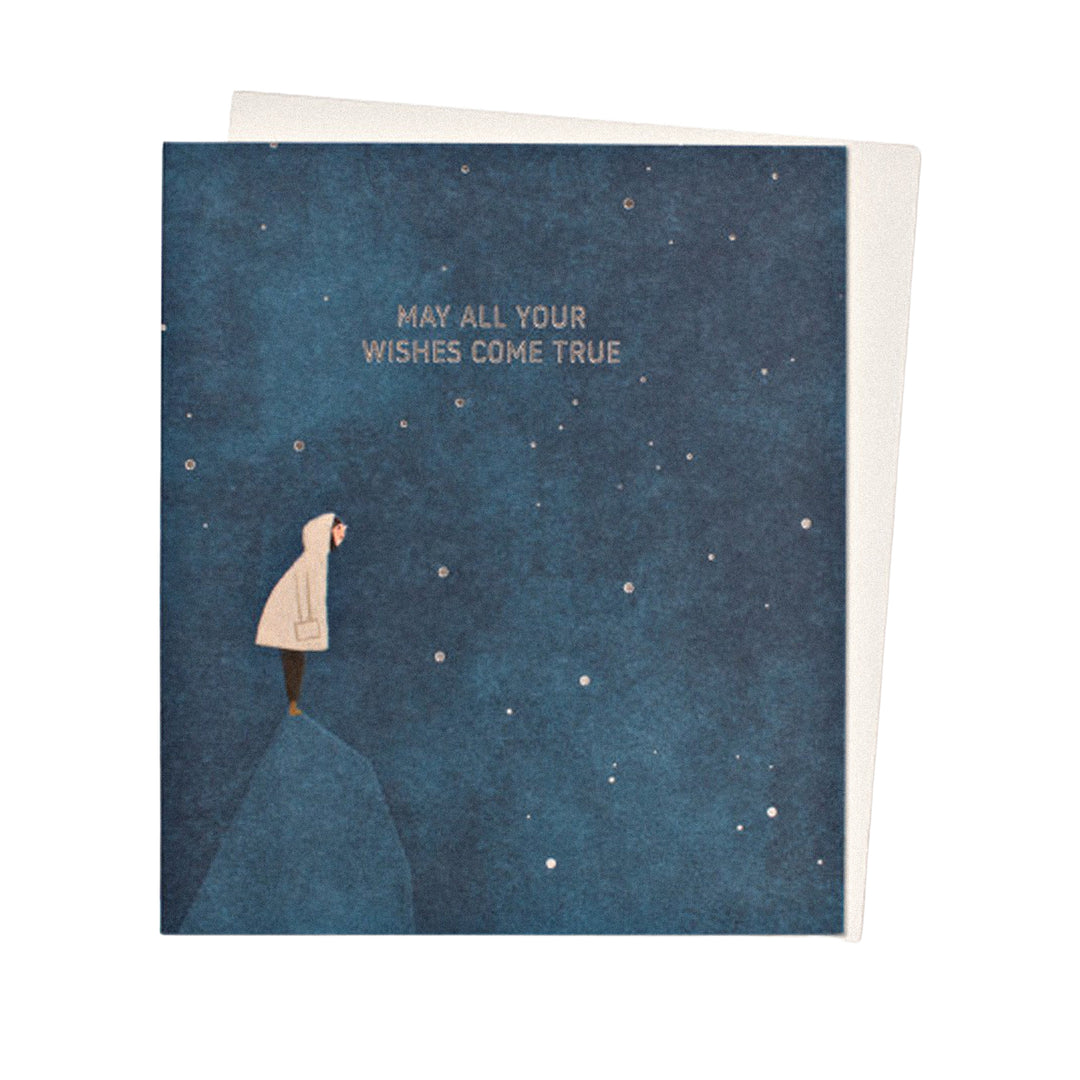 Glückwunschkarte mit „May all your wishes come true“ und Sternenhimmel.