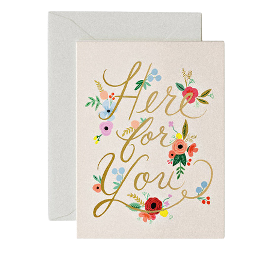 Grußkarte mit „Here for you“-Schriftzug und floraler Illustration.