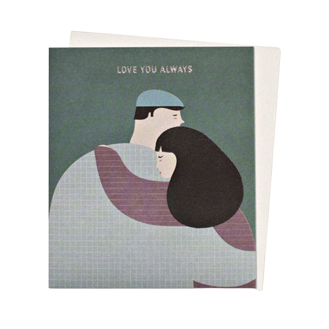 Grußkarte mit umarmendem Paar und dem Schriftzug „Love you always“.