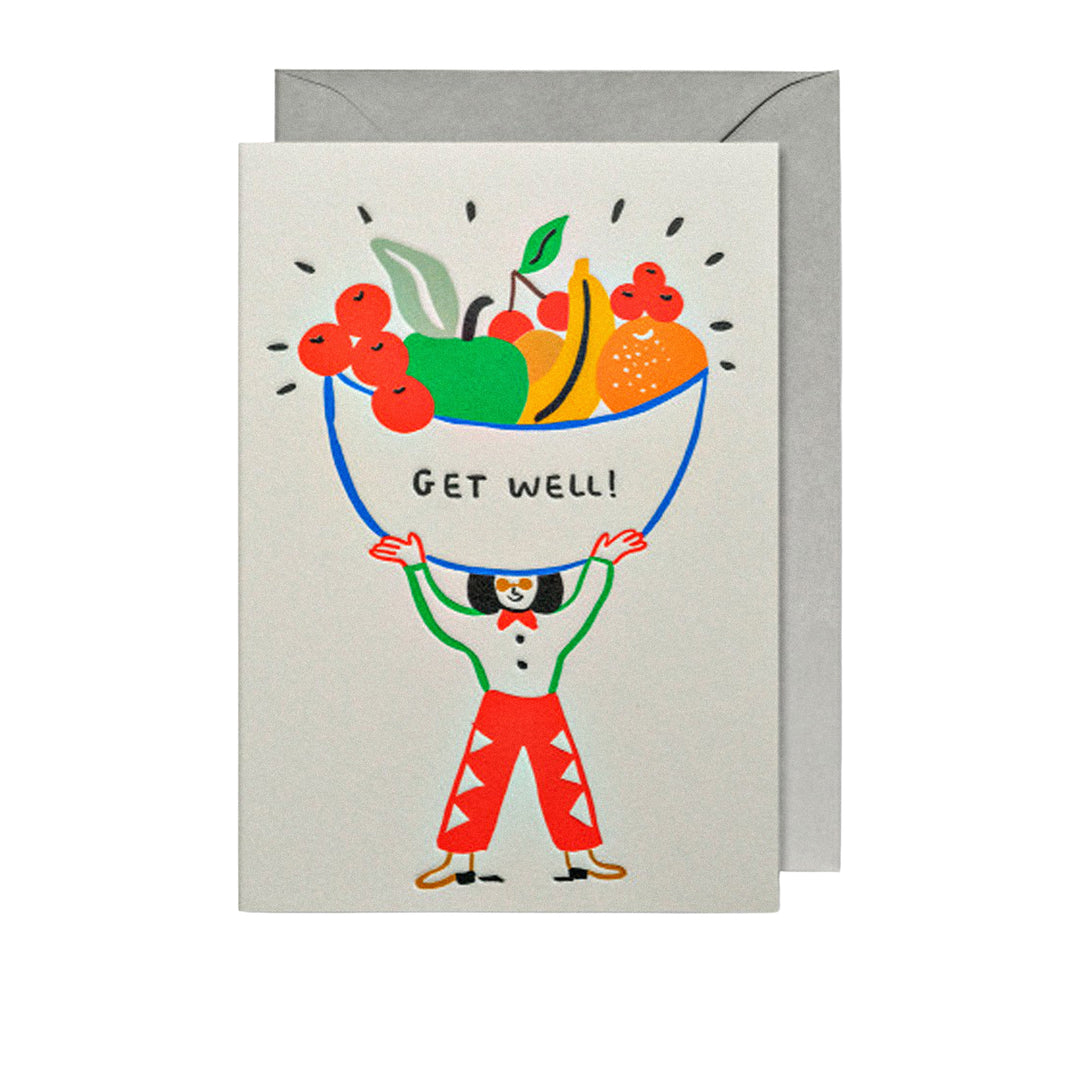 Gute-Besserung-Karte mit Obstschale und „Get well“-Schriftzug.