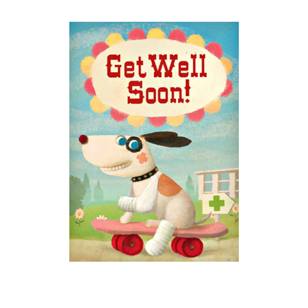 Gute-Besserung-Karte mit Hund auf Skateboard und „Get well soon“-Schriftzug.