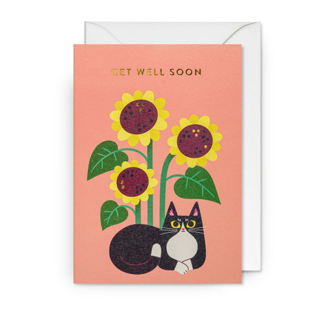 Gute-Besserung-Karte mit Katze, Sonnenblumen und „Get well soon“-Schriftzug.