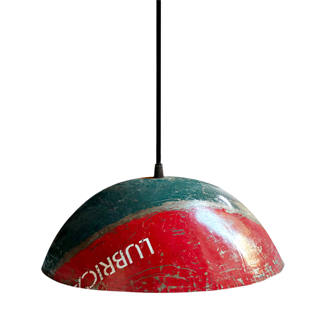 Hängelampe aus wiederverwertetem Metall - Petrolgrün/ Rot mit Logos