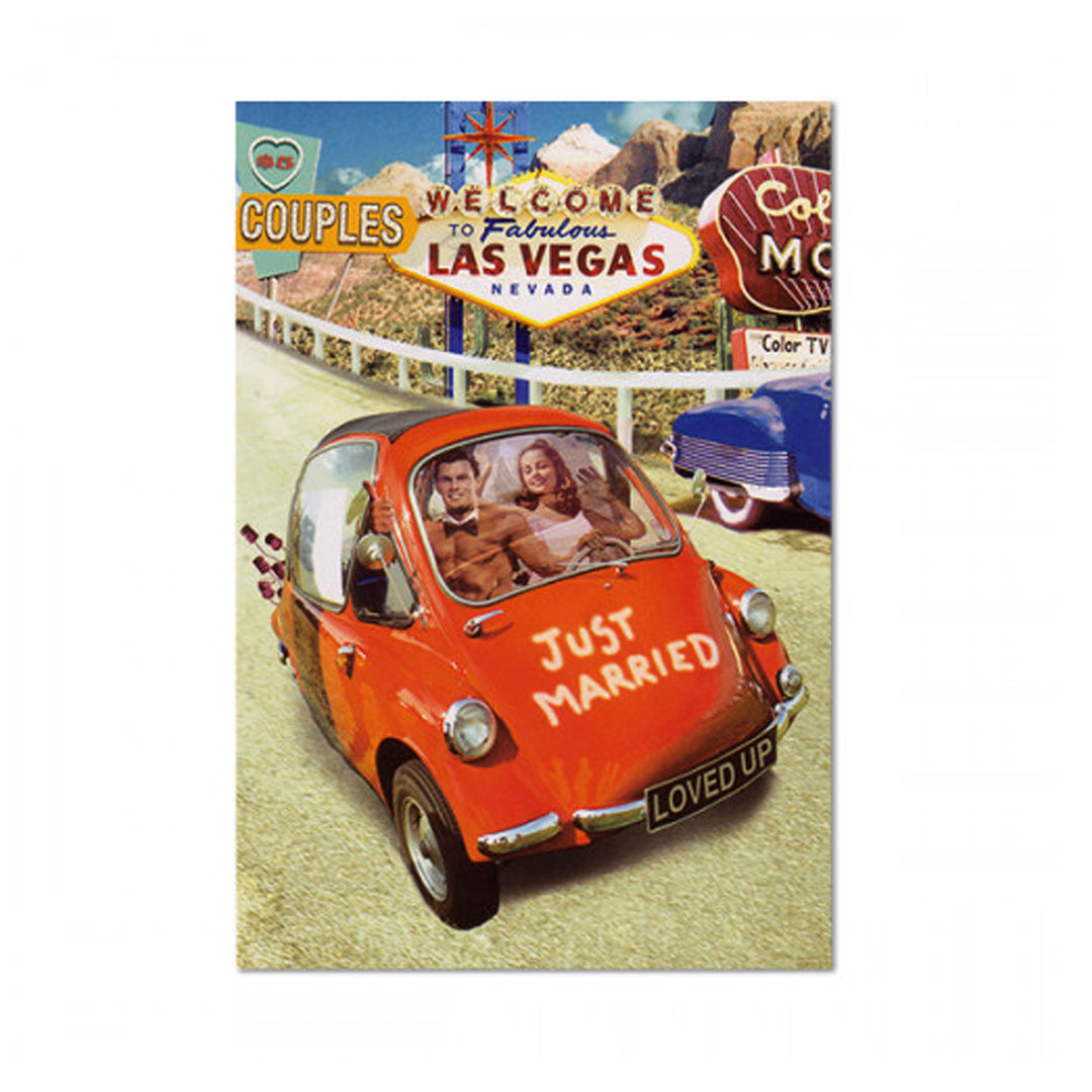 Hochzeitskarte mit „Just Married“-Oldtimer vor Las-Vegas-Skyline.