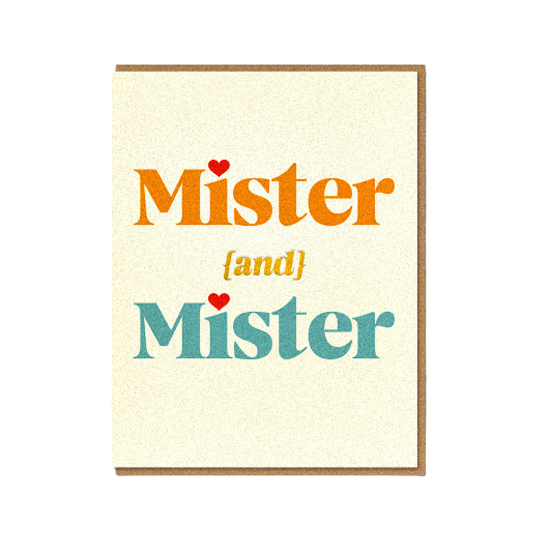 Hochzeitskarte mit Schriftzug „Mister and Mister“ und Männerpaar-Motiv.