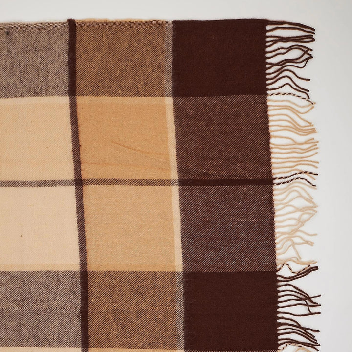 Karierte Wolldecke in Braun und Beige mit Fransen | 170  x 200 cm