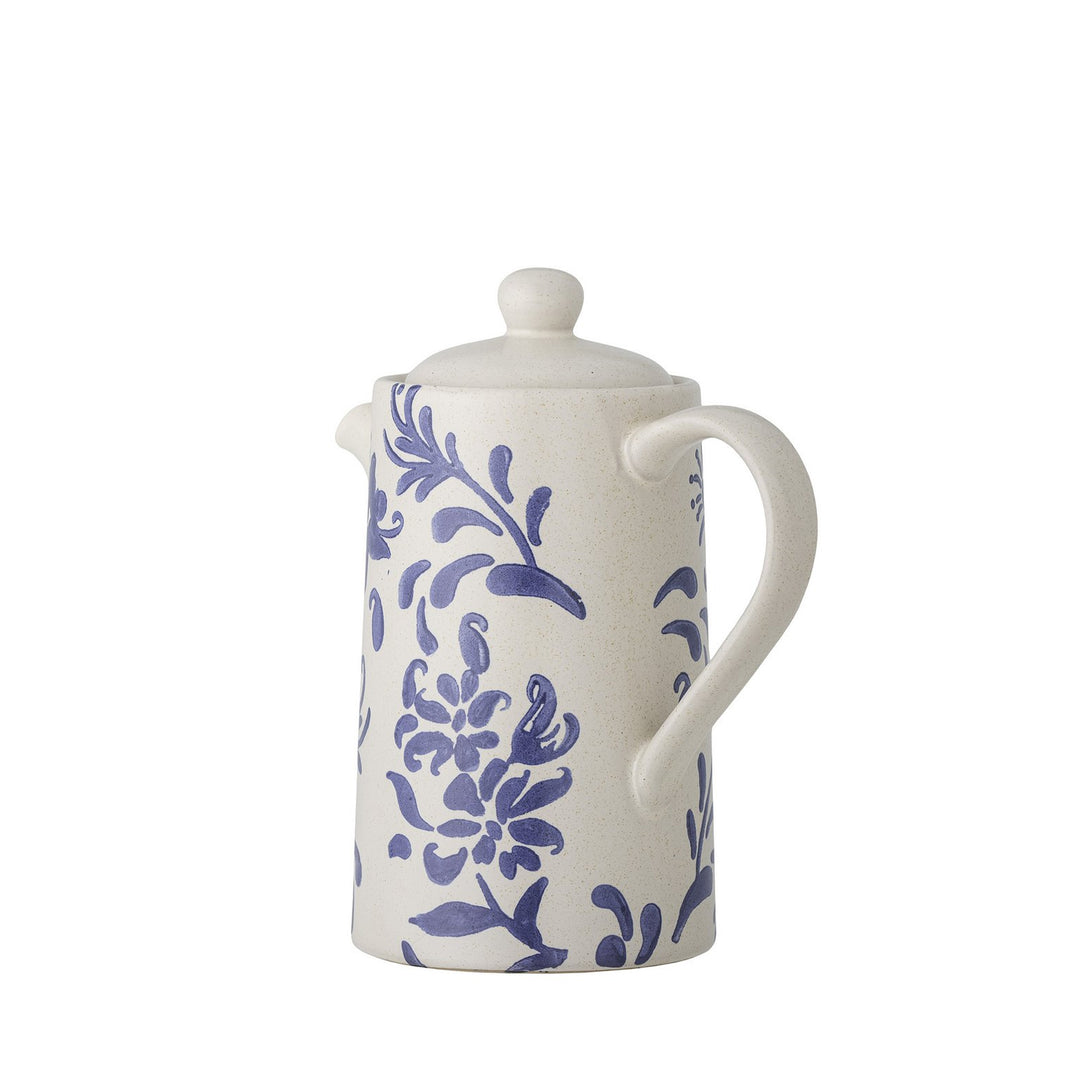 Keramikkanne in Weiß mit blauem Blumenmuster und Deckel