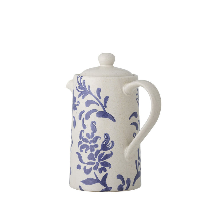 Keramikkanne in Weiß mit blauem Blumenmuster und Deckel