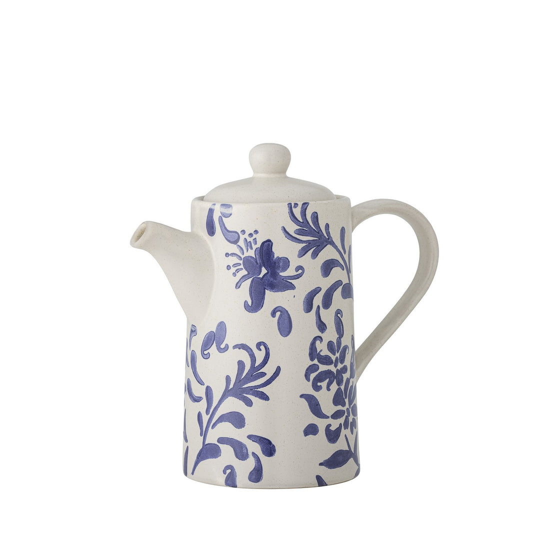Keramikkanne in Weiß mit blauem Blumenmuster und Deckel