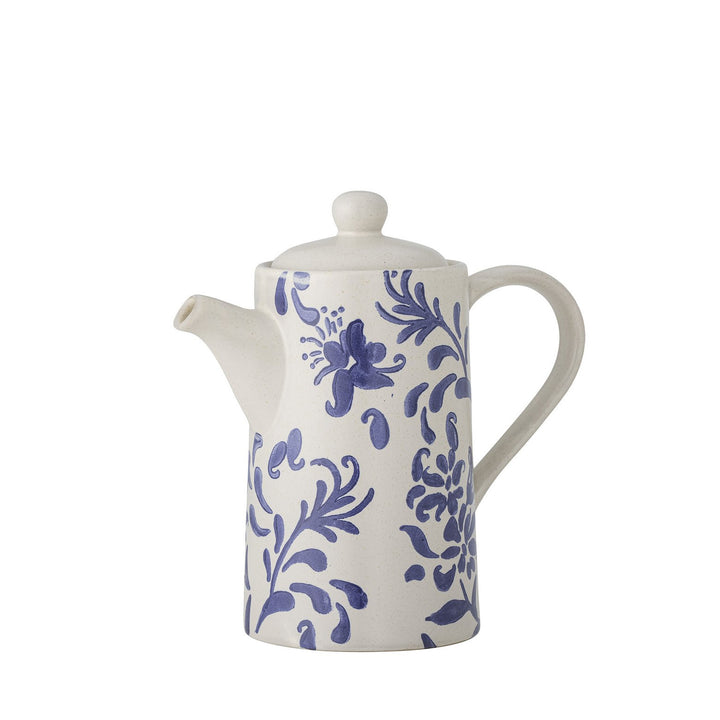 Keramikkanne in Weiß mit blauem Blumenmuster und Deckel