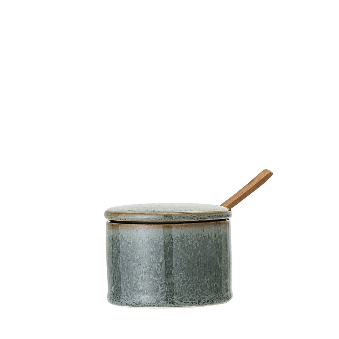 Keramik Zuckerdose grün-grau mit Deckel und Holzlöffel