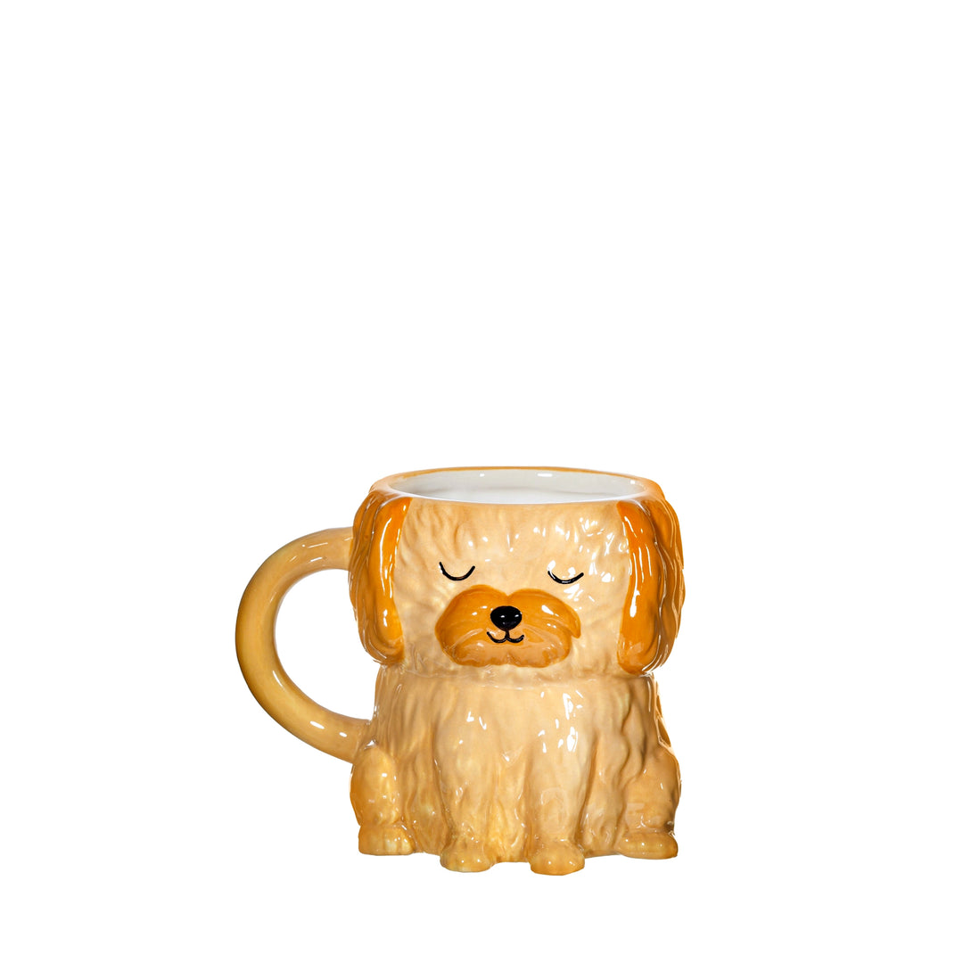 Beige Keramiktasse in Form eines sitzenden Hundes mit geschlossenen Augen