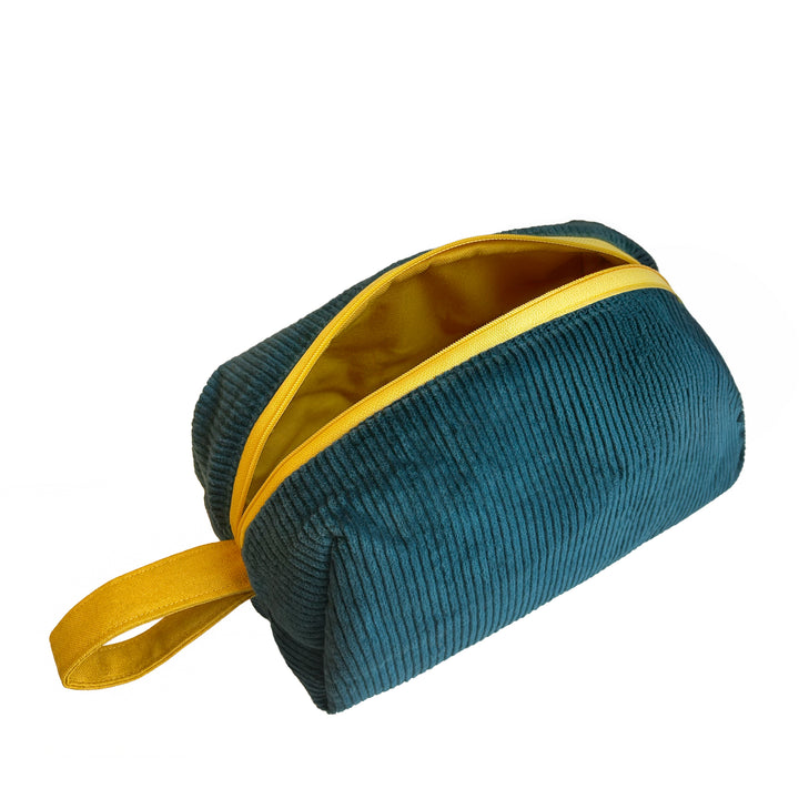 Elegante Kosmetiktasche aus türkisen Kord mit gelbem Reißverschluss