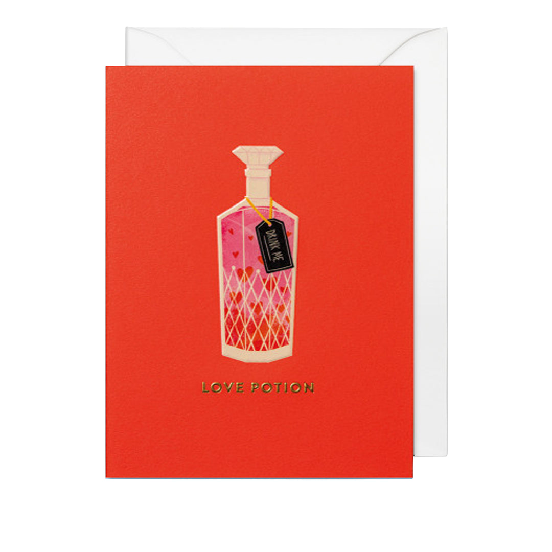 Liebeskarte mit rotem Hintergrund, rosa Flasche und goldenem Etikett mit der Aufschrift „Love Potion“.