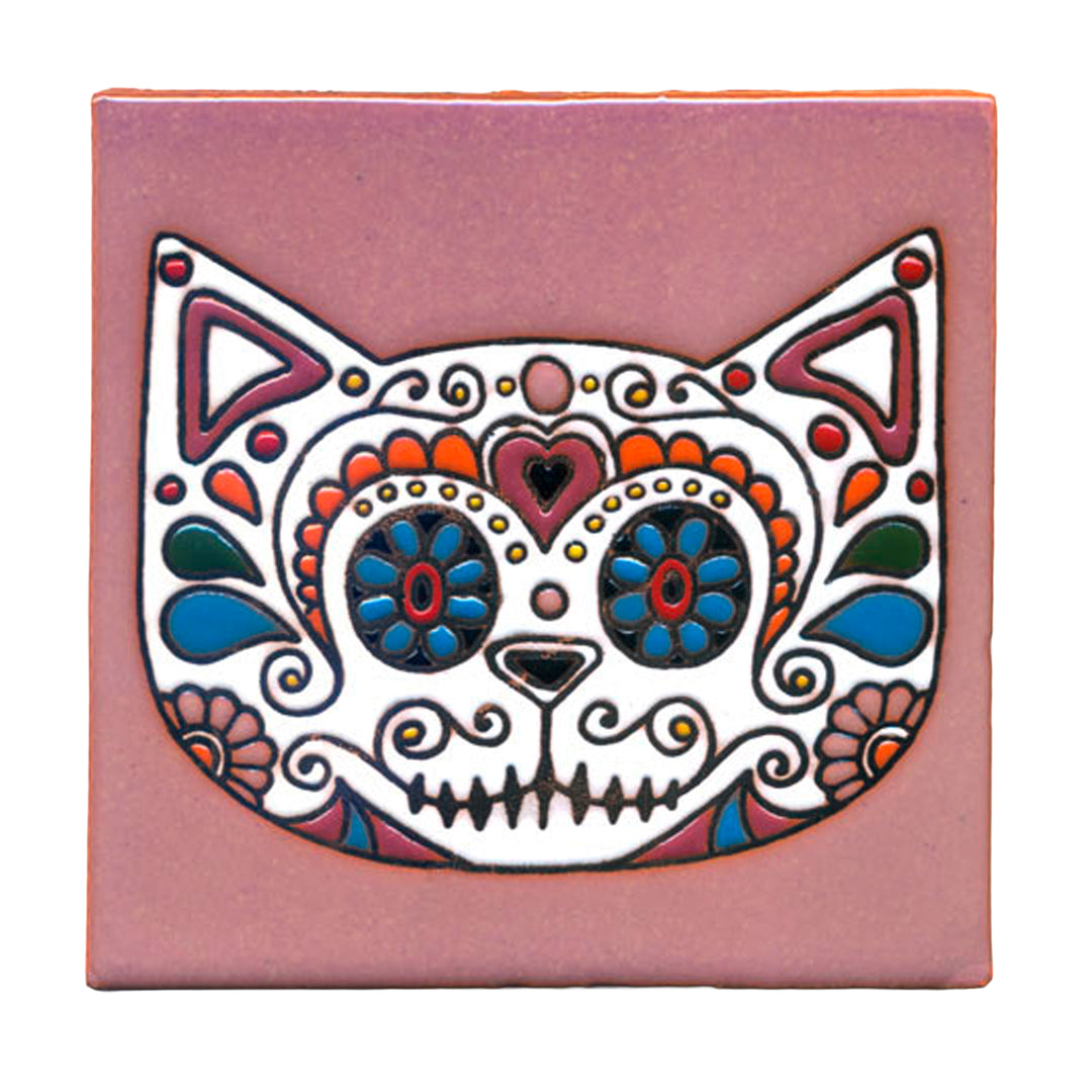 15 x 15 cm Fliese mit Relief  „Día de los Muertos“ – Rosa Katze