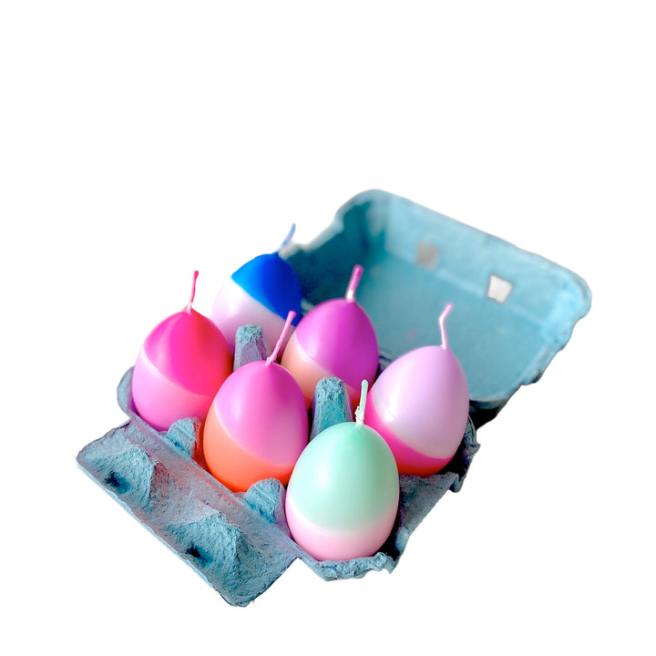 6 Dip Dye Eierkerzen im Eierkarton - Pinke und Blaue Farben