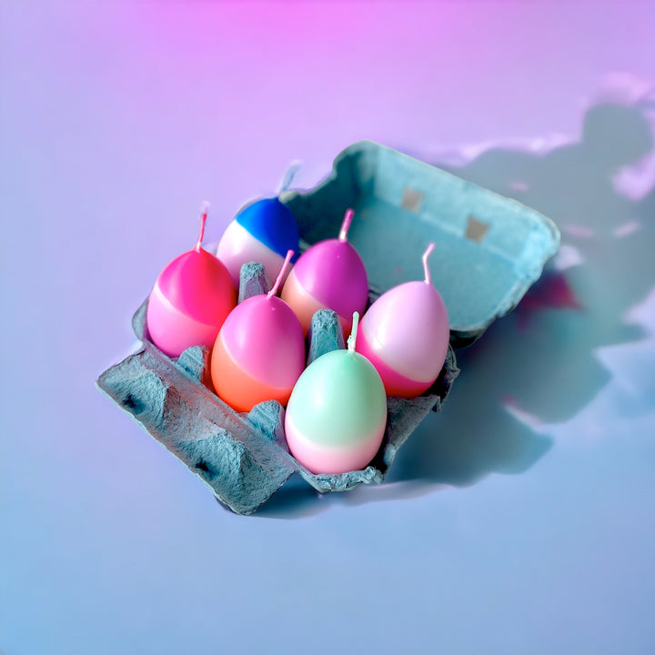 6 Dip Dye Eierkerzen im Eierkarton - Pinke und Blaue Farben